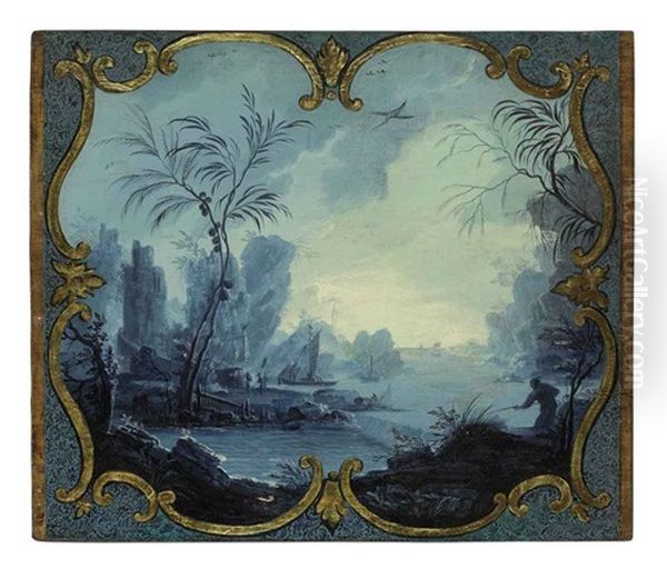 Chinoiseries Figures In A River Landscape Oil Painting by Jean-Baptiste Pillement