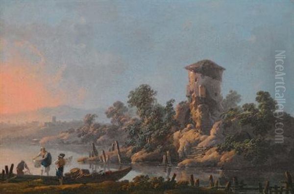 A River Landscape With A Ruined Tower And Fishermen With Their Nets In The Foreground Oil Painting by Jean-Baptiste Pillement