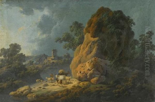 Landscape With A Herder And His Goats, Sheep, A Donkey, And A Cow, A Tower Beyond Oil Painting by Jean-Baptiste Pillement