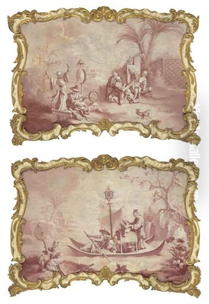 Chinoiserie Scene: Figures Playing Instruments In A Landscape (+ Chinoiserie Scene: Figures Fishing From A Boat; Pair) Oil Painting by Jean-Baptiste Pillement