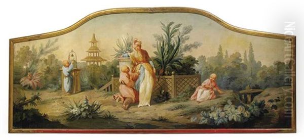 A Chinoiserie Scene With A Woman And Children In A Garden, A Temple Beyond Oil Painting by Jean-Baptiste Pillement