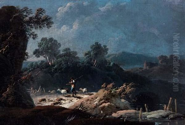 Paysage Aux Rochers (+ Paysage A La Riviere Avec Patre Au Repos; Pair) Oil Painting by Jean-Baptiste Pillement