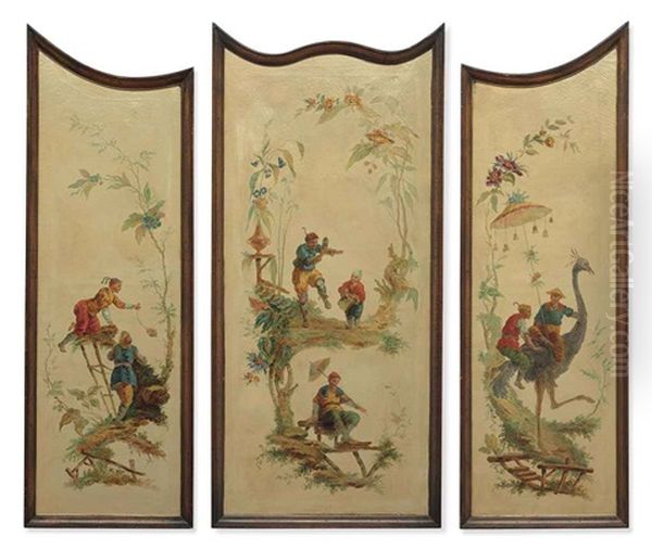 Chinoiseries Figures Within Landscapes (+ 2 Others, Smllr; 3 Works) Oil Painting by Jean-Baptiste Pillement
