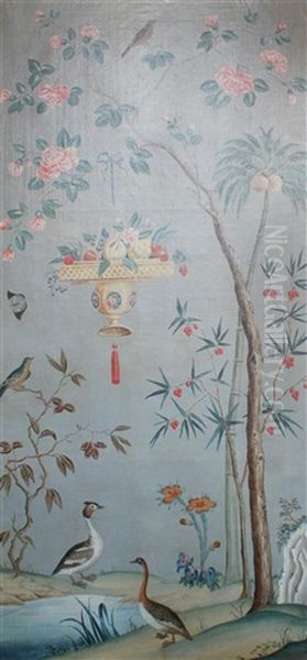 Chinoiserie Landscapes With Exotic Birds, Flowers And Lanterns (4 Works) Oil Painting by Jean-Baptiste Pillement