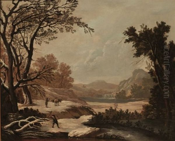 Paysage D'hiver Avec Un Bucheron Fendant Du Bois Oil Painting by Jean-Baptiste Pillement