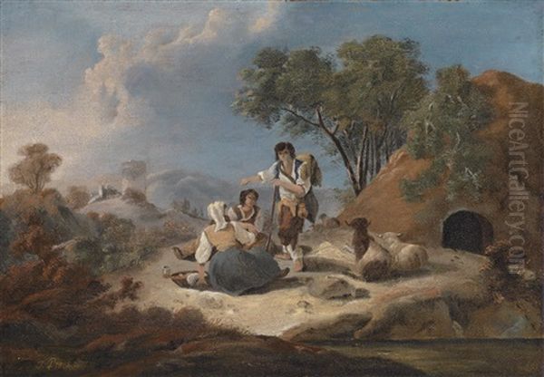 Landschaft Mit Einer Portugiesischen Schaferfamilie Und Hirten An Einem Bachlauf (+ Another, Similar; Pair) Oil Painting by Jean-Baptiste Pillement
