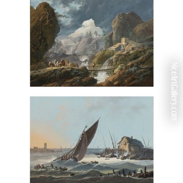 A Mountainous Landscape With Two Foot Bridges And Travelers (+ A View Of The Tagus, Portugal, With Ships And Boats In A Rough Sea; Pair) Oil Painting by Jean-Baptiste Pillement