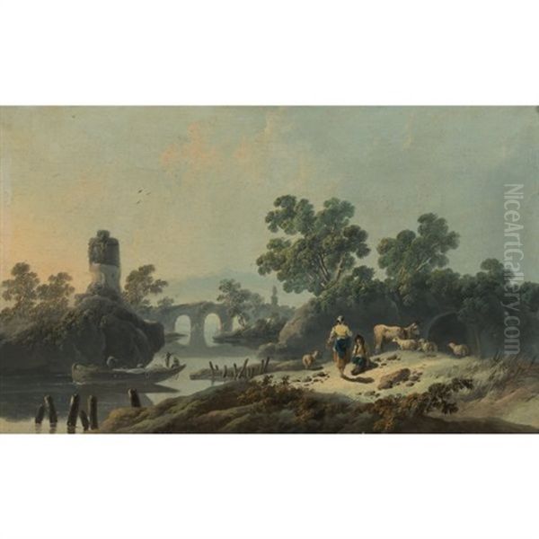 Rocky Landscape At Dawn With A Herdsman On A Path With His Livestock Conversing With A Figure On A Mule, A Stone Bridge And A Tower Beyond; (+ River Landscape At Dusk With Fishermen On A Boat And A Girl Carrying Firewood; Pair) Oil Painting by Jean-Baptiste Pillement