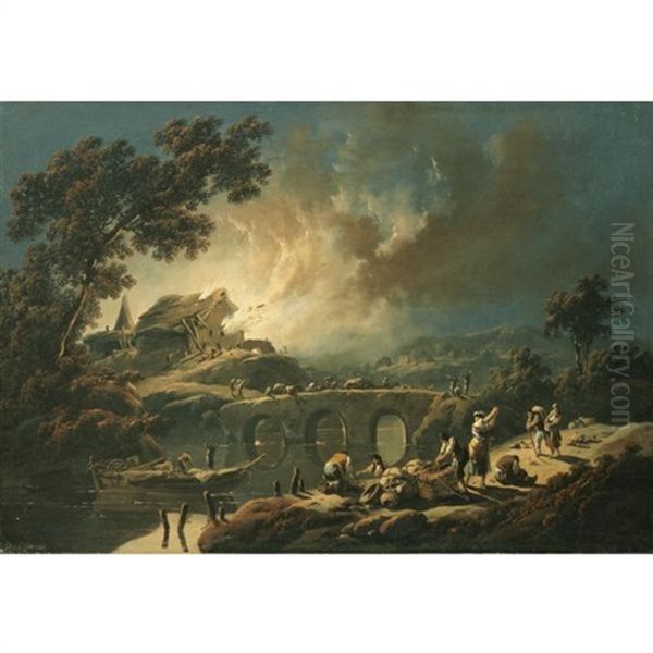 A River Landscape With Figures Fleeing A Burning Village Oil Painting by Jean-Baptiste Pillement