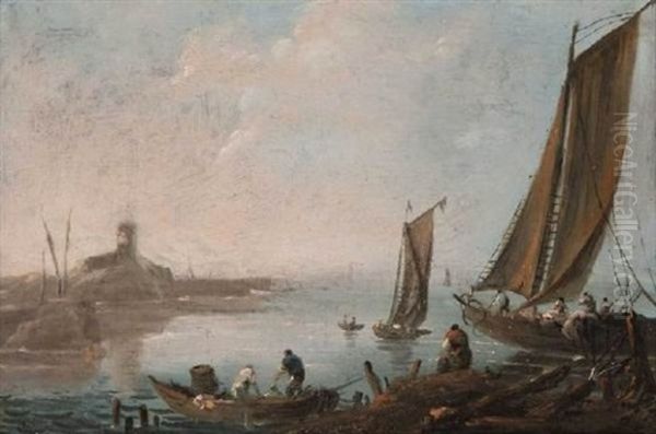Pecheurs Dans Une Barque Et Un Bateau Devant Un Rivage Rocheux Oil Painting by Jean-Baptiste Pillement