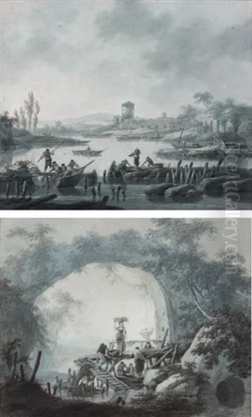 Deux Scenes De Peches (2 Works) Oil Painting by Jean-Baptiste Pillement