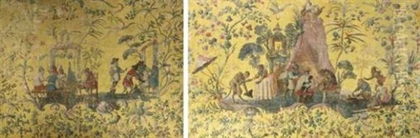 Les Singes Joueurs (+ Singerie, Lrgr; 2 Works) Oil Painting by Jean-Baptiste Pillement