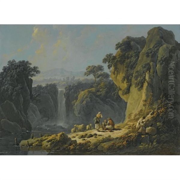 A Landscape With Peasants Resting Their Flock Beside A Waterfall Oil Painting by Jean-Baptiste Pillement