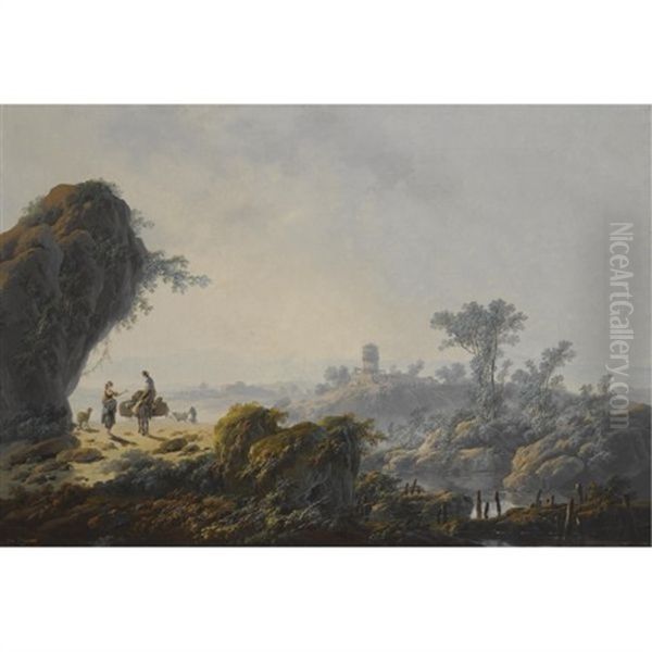 An Extensive Fluvial Landscape With Herders And Their Flock On A Path Oil Painting by Jean-Baptiste Pillement