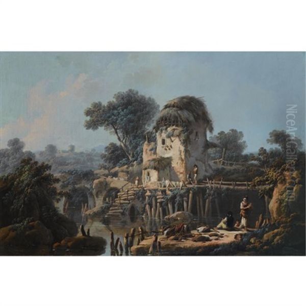 A Southern Landscape With Fishermen Near A Stone House Beside A River Oil Painting by Jean-Baptiste Pillement