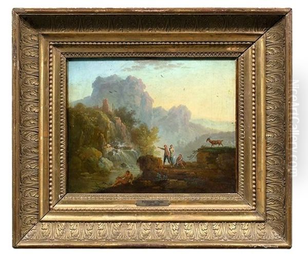 Felsige Fluslandschaft Mit Rastenden Hirten An Einem Wasserfall Oil Painting by Jean-Baptiste Pillement
