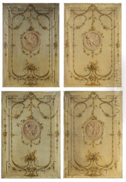 Putti Dans Un Decor De Guirlandes Florales Surmontees D'un Mascaron (4 Works) Oil Painting by Jean-Baptiste Pillement