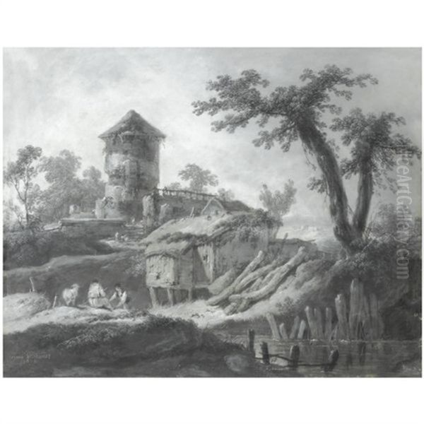 A Pastoral Landscape With Shepherds Resting By A River And Farm Buildings Beyond Oil Painting by Jean-Baptiste Pillement