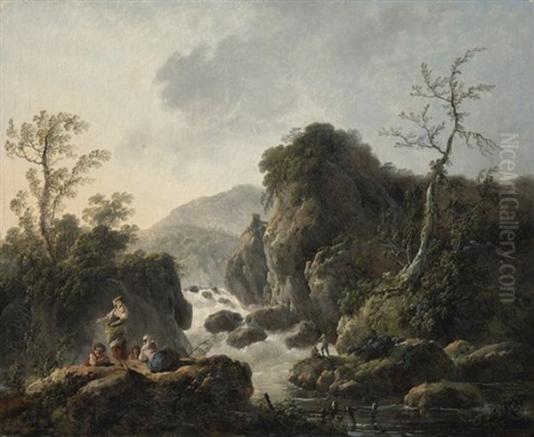 A Mountainous River Landscape With Figures Fishing Below A Cascade Oil Painting by Jean-Baptiste Pillement