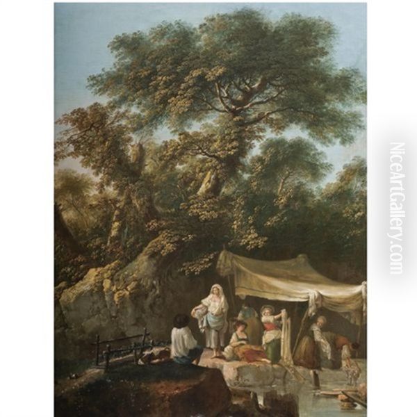 Washerwomen By The River Oil Painting by Jean-Baptiste Pillement