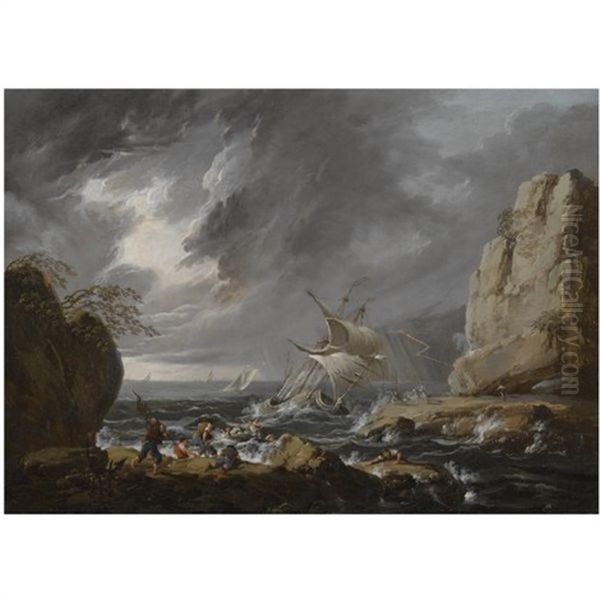 A Stormy Coastal Landscape With A Ship Running Aground Oil Painting by Jean-Baptiste Pillement