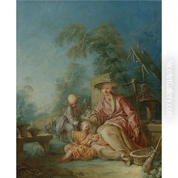 Figures In Oriental Dress Seated In A Garden Oil Painting by Jean-Baptiste Pillement