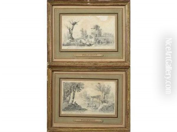 Paysage Aux Lavandieres (+ Paysage Aux Ruines; Pair) Oil Painting by Jean-Baptiste Pillement