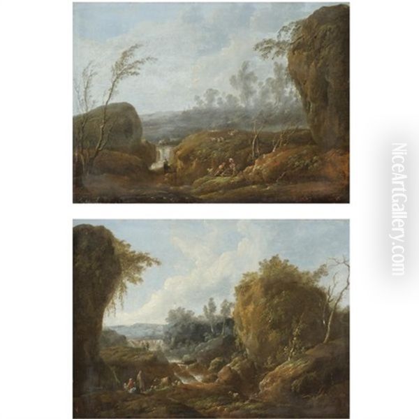 An Extensive River Landscape With A Waterfall And A Peasant Couple With A Dog In The Foreground ( Pair) Oil Painting by Jean-Baptiste Pillement