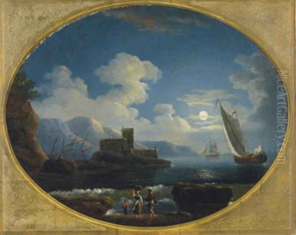 View Of A Mediterranean Harbor Under The Moonlight Oil Painting by Jean-Baptiste Pillement