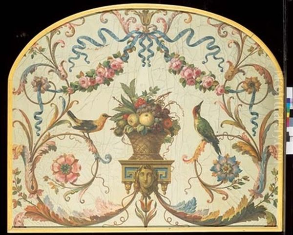 Corbeille De Fruits Entouree De Guirlandes De Fleurs, De Rubans Et D'oiseaux Oil Painting by Jean-Baptiste Pillement