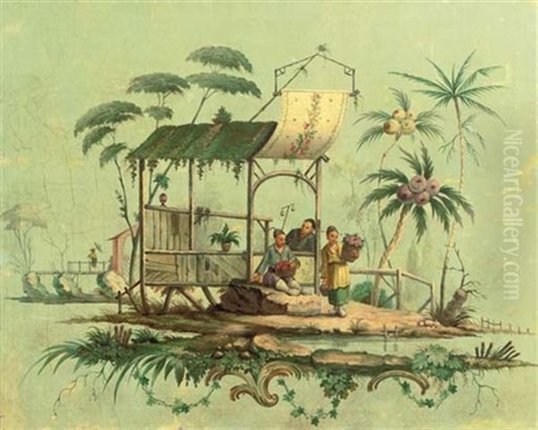 Chinoiserie - Figures Holding Baskets With Fruit Underneath A Pergola Oil Painting by Jean-Baptiste Pillement
