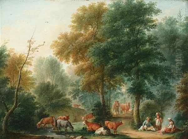 Drovers With Cattle In A Landscape (+ Another Similar; 2 Works) Oil Painting by Jean-Baptiste Pillement