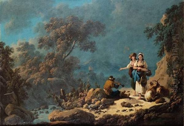 Bergere Ecoutant Un Berger Musicien Devant Un Paysage De Riviere Au Portugal Oil Painting by Jean-Baptiste Pillement