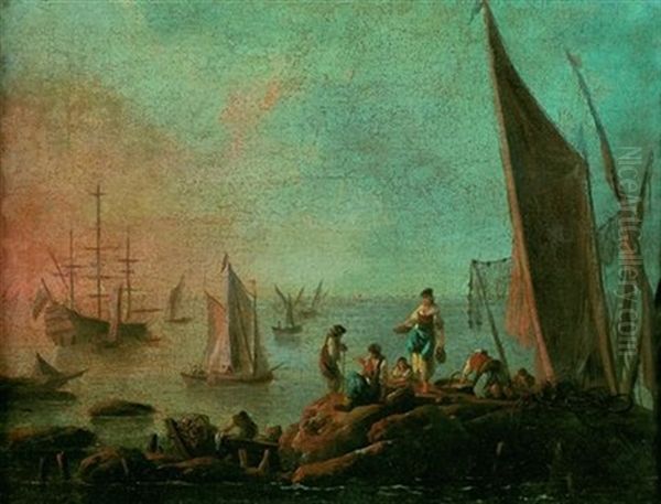 Pecheurs Portugais Sur Des Rochers Devant Leurs Bateaux Oil Painting by Jean-Baptiste Pillement