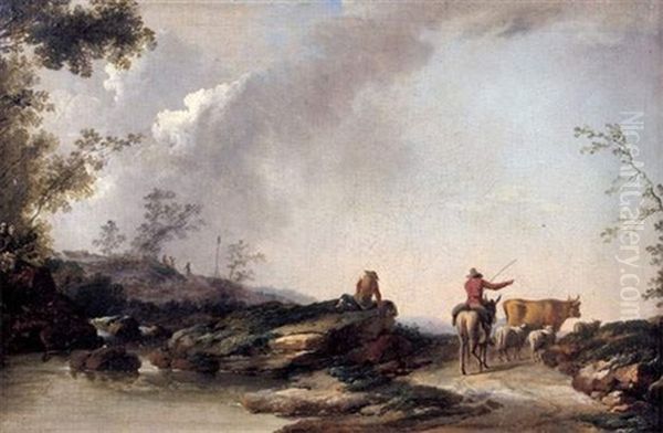 Berger Et Son Troupeau Sur Un Chemin Le Long D'une Riviere Oil Painting by Jean-Baptiste Pillement