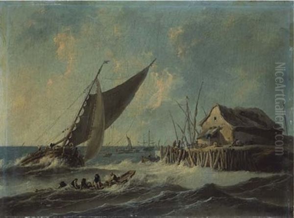 Pecheurs Et Navires Pres D'un Rivage Oil Painting by Jean-Baptiste Pillement