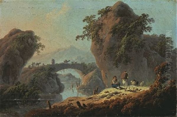 Un Paysage De Riviere Au Portugal Anime De Deux Bergers Oil Painting by Jean-Baptiste Pillement