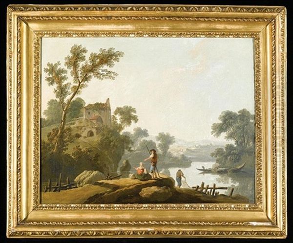 A River Landscape With Fishermen, A Ruin On A Hill Beyond Oil Painting by Jean-Baptiste Pillement