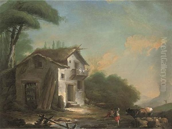 A River Landscape With Drovers And Their Cattle Before A Cottage Oil Painting by Jean-Baptiste Pillement
