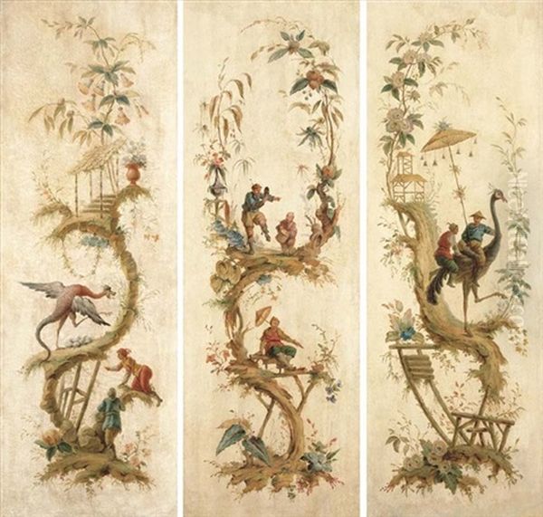 Chinoiseries (triptych On Screen) Oil Painting by Jean-Baptiste Pillement
