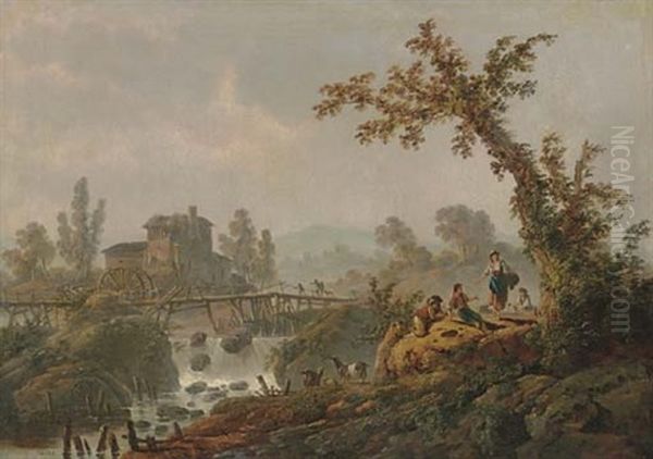 Shepherds Resting On A Bluff, A Mill And A Village Beyond Oil Painting by Jean-Baptiste Pillement