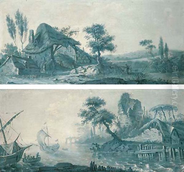 Figures Outside A Cottage In An Extensive Landscape (+ Another; Pair) Oil Painting by Jean-Baptiste Pillement