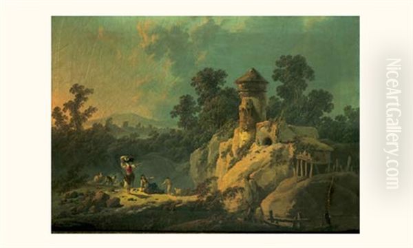 Le Repos Des Bergers Dans Un Paysage Domine Par Une Tour Oil Painting by Jean-Baptiste Pillement