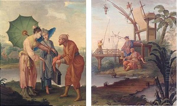 Chinoiserie Scenes (pair) Oil Painting by Jean-Baptiste Pillement