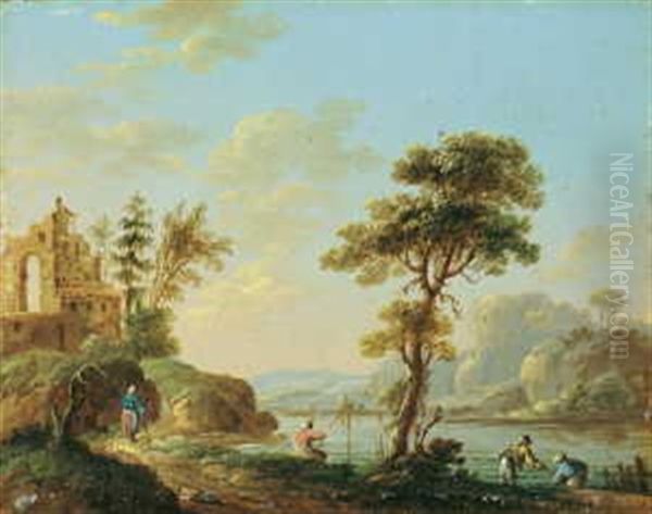 Flusslandschaften (2 Works) Oil Painting by Jean-Baptiste Pillement