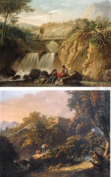 Mountainous Landscape With A Bridge Over A Waterfall And Two Young Men Conversing (+ River At Sunset With Two Fishermen; Pair) Oil Painting by Jean-Baptiste Pillement