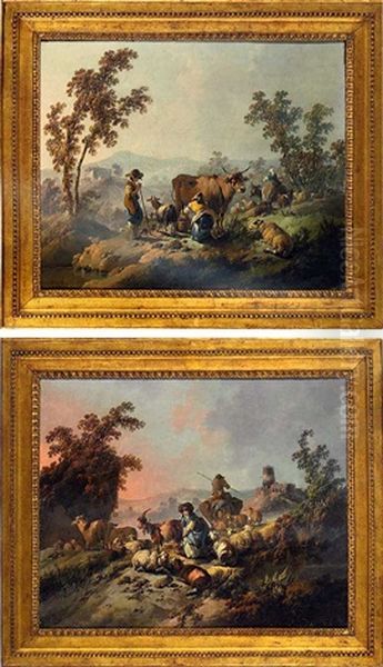 Morning: A Mountainous Landscape With A Milkmaid And Shepherd (+ Evening: An Extensive Landscape With A Milkmaid, A Ruined Hilltop Castle Beyond; Pair) Oil Painting by Jean-Baptiste Pillement