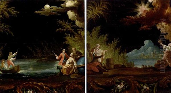 A Moonlit River Landscape With Boatmen And Personifications Of The Arts And Sciences (+ A Moonlit River Landscape With Figures On The Shore; Pair Of Fragments) Oil Painting by Jean-Baptiste Pillement