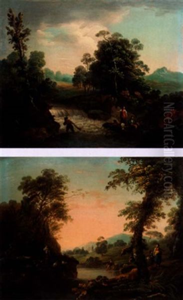 Extensive River Landscape With Fishers Oil Painting by Jean-Baptiste Pillement