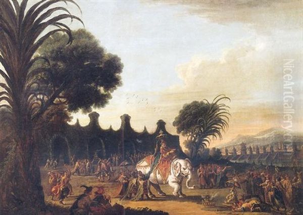 L'empereur De Chine, Entoure De Sa Cour, Se Promenant Sur Son Elephant Blanc, Dans Les Jardins De Son Palais Oil Painting by Jean-Baptiste Pillement